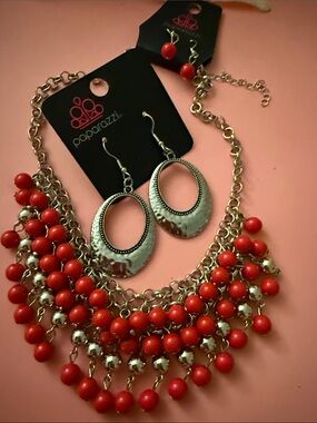 paparazzi Coral Red Beaded Bib Necklace with Silver Accents & Earrings